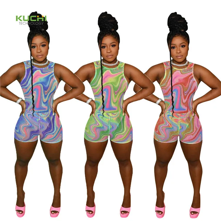 

kuchi new arrival fashion casual women sleeveless round neck print slimming shorts jumpsuit