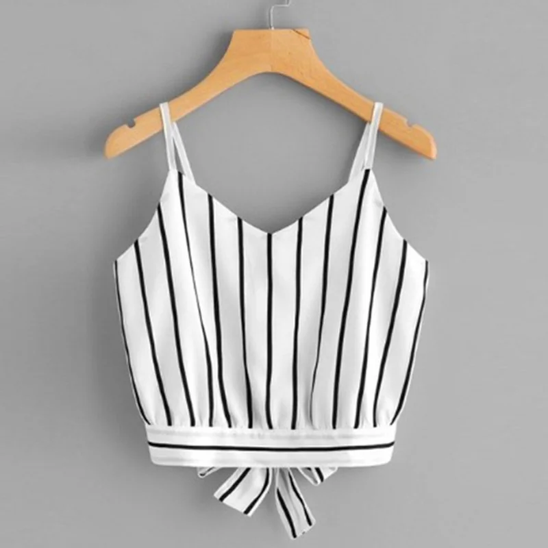 

2021 Women Spaghetti Strap Bow Top Vest Beach Vest Camisole Casual Knot Striped Split Tie Back Crop Cami Top, 7 colors