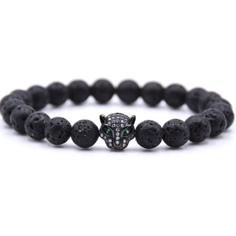 

8mm natural stone elastic bead bracelet jewelry lava volcanic lion bracelet men, As shown
