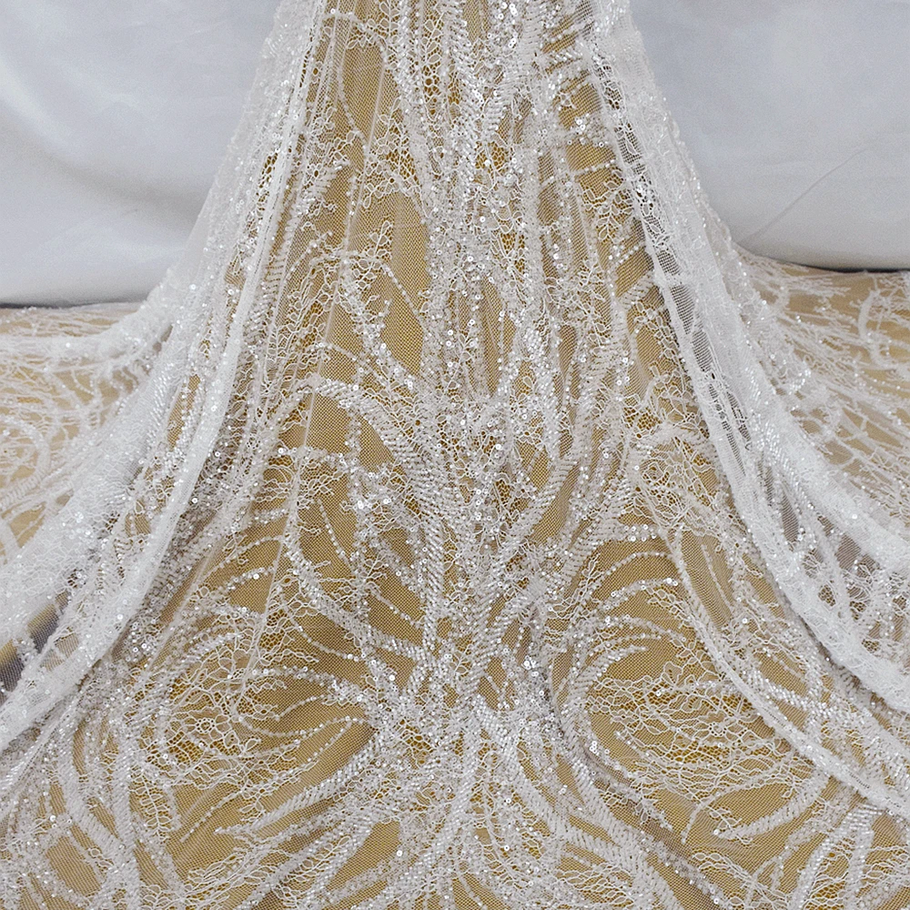 

Top pure white embroidered Nigerian lace fabric sequin tulle Chantilly lace with beads simple wedding dress fabric HY2409