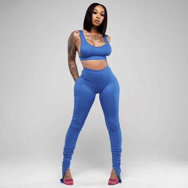 

2021 High elastic yoga suit halter sleeveless top with slit folds 2 piece set, Picture