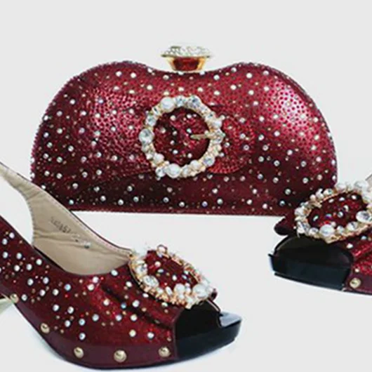 

AB5843 Wine Shoes And Bag For Nigeria Party Italian Shoes And Bags To Match Decorated With Rhinestones, Wine,green, yellow,peachk,etc