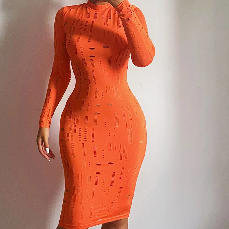

C0219 2021 autumn new sexy hollow jacquard long sleeve simple dress