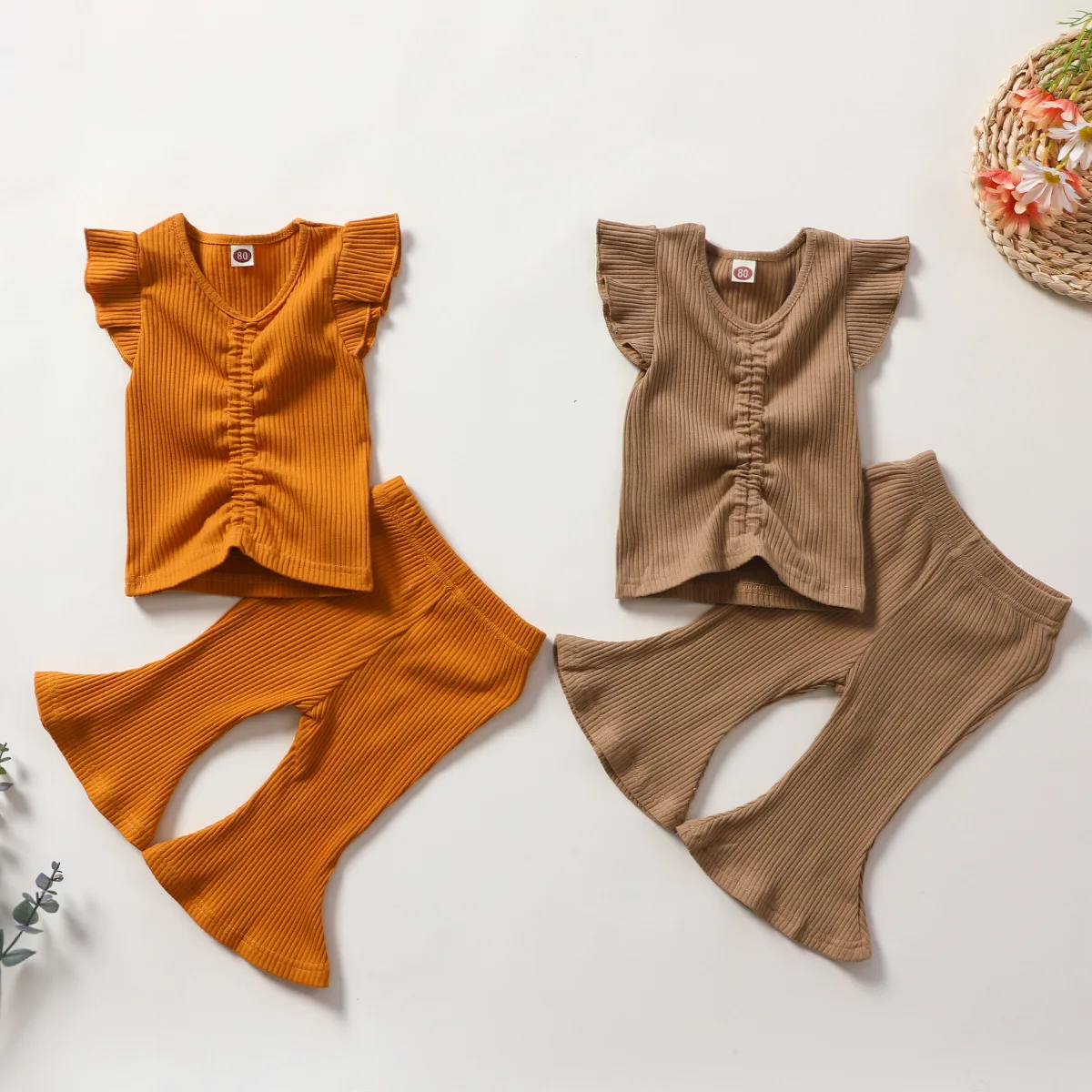 

2021 Little Girl Sexy Fashion Clothing Set Kids Summer short sleeve Tops +Bell Bottom flared trousers Knitted Clothing Set