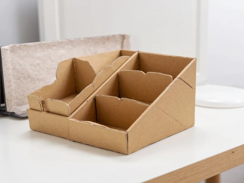 Hand folding recycled cardboard into geometric desk organizer