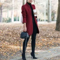 

New Fashion Women Girls Long Sleeve stand collar Solid Color Medium Coat Hot Sell Long Wool Coat