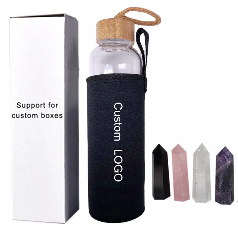

high quality bamboo crystal elixir bottles borosilicate glass water bottle crystal stone gemstone infused water bottle, Picture