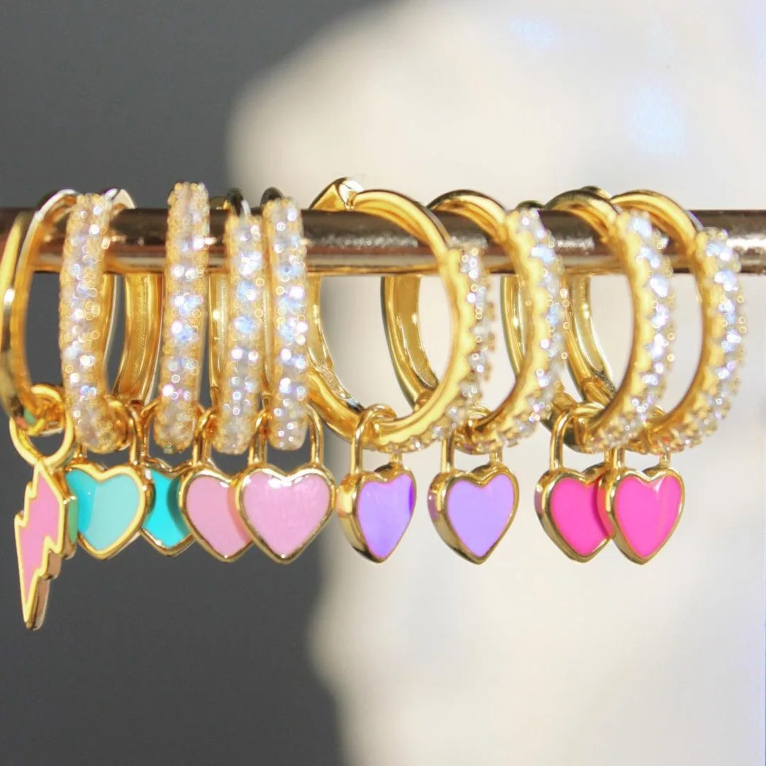 

New Trendy Rhinestone Circle Hoops Heart Hanging Earrings Multi Candy Color Enamel Heart Drop Earring For Girls