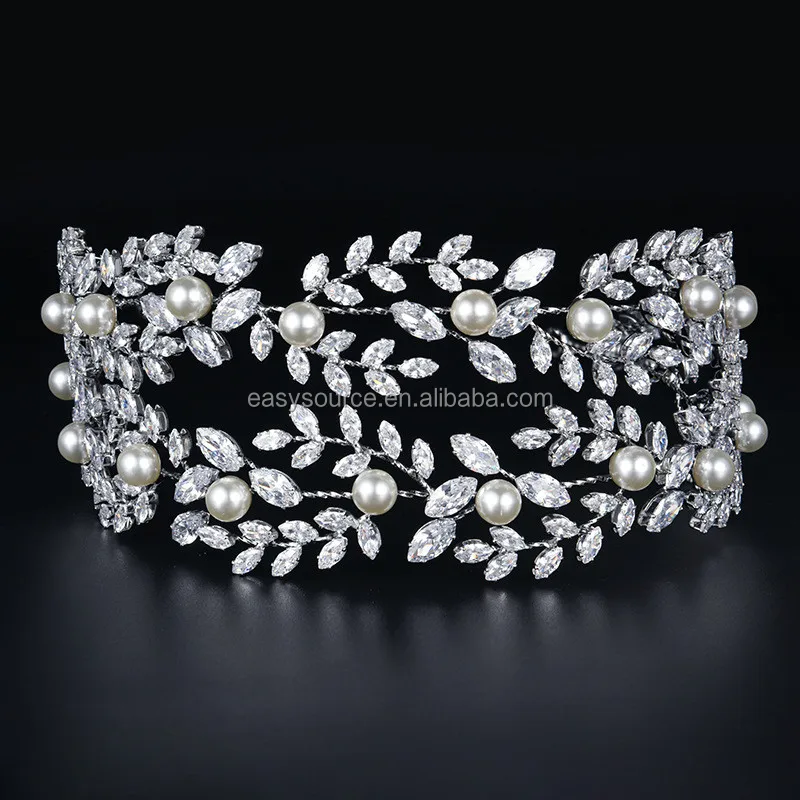 

RE4031 New CZ Tiara Big Size Pearl Flexible Headband Zirconia Bridal Wedding Hair Accessories