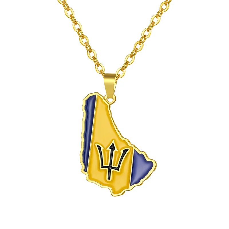 

Wholesale Punk Hip Hops Stainless Steel Map Necklace Yellow Oil Dripping Barbados Flag Map Necklace, Picture color
