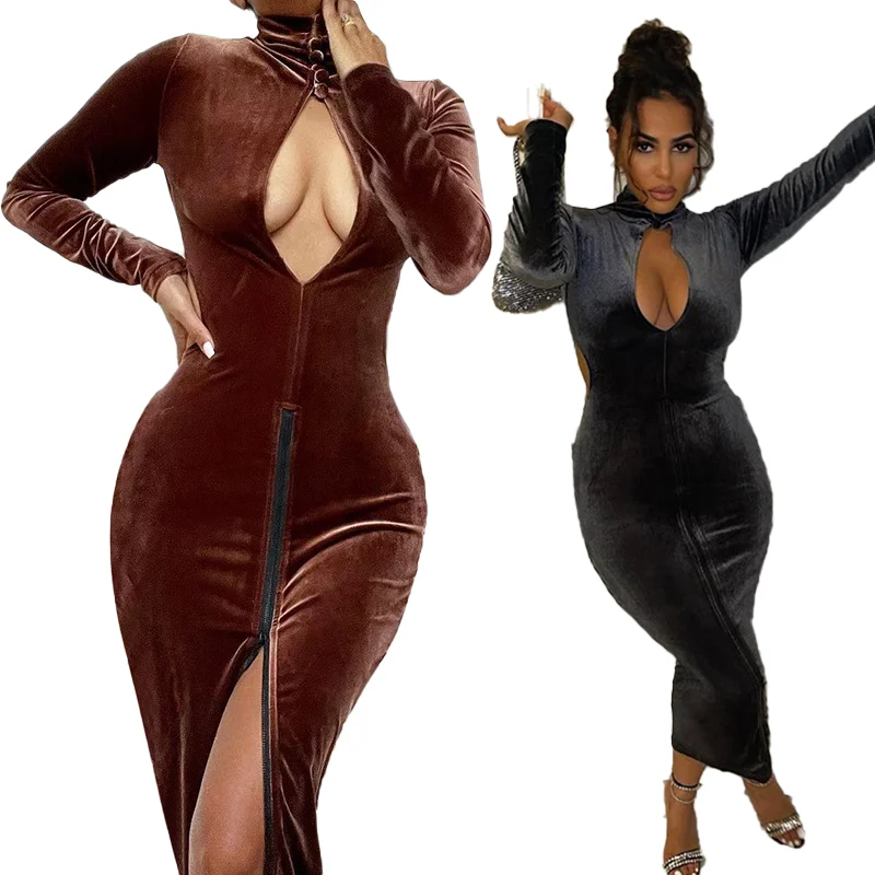 

2021 autumn women clothing fashion classical Zipper hollow out velvet bodycon dress