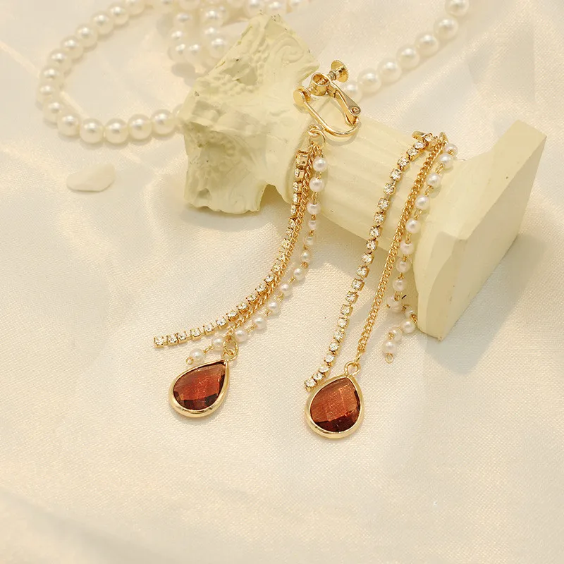 

JUHU New retro no pierced ear clip red dress drop gemstone chain earrings elegant temperament gentle earrings for women