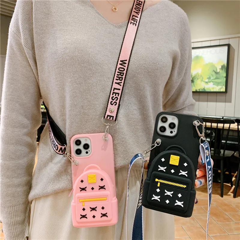 

Cartoon School bag Wallet cover crossbody lanyard soft silicon mobile phone case For Xiaomi 11 lite 10T Redmi9 note10 9A 9T