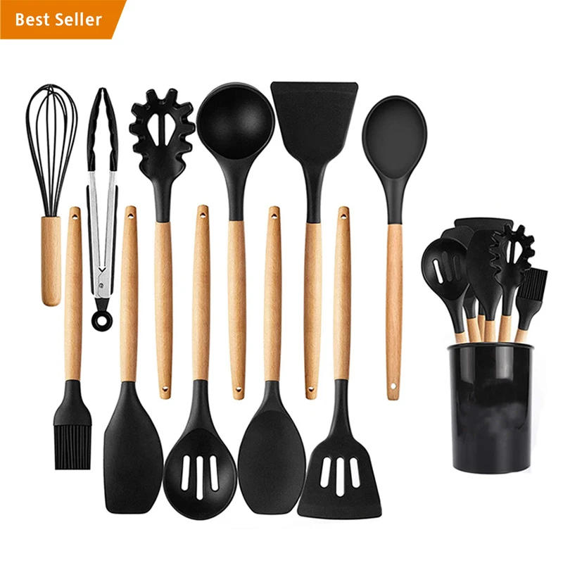 

11 Pcs High Quality Home Wooden And Silicon Silicon Cook Tool Whisk Baking Spatula Silicone Kitchen Utensils Set With Logo, Stock colors as the picture