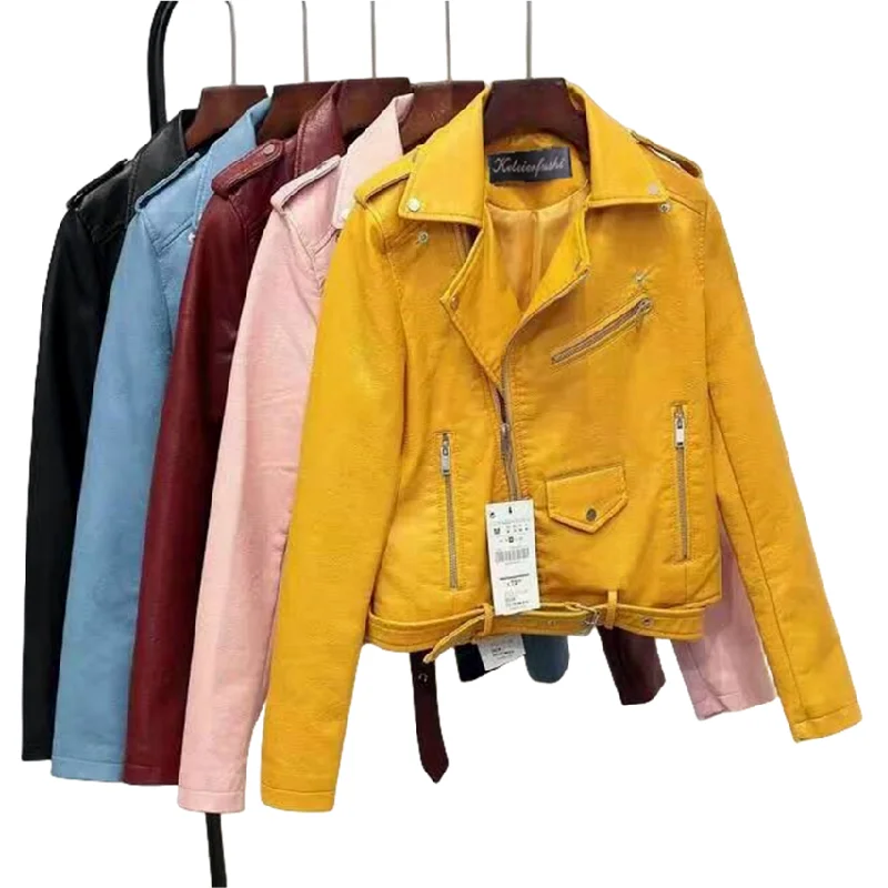 

YQY007 New Trendy Spring PU Leather Jackets Slim Fit Short Small PU Leather Coat For Ladies Korean Motorcycle Jacket