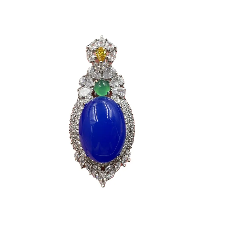 

925 Silver Inlaid Blue Chalcedony Egg Shape Pendant Blue Agate Oval Pendant