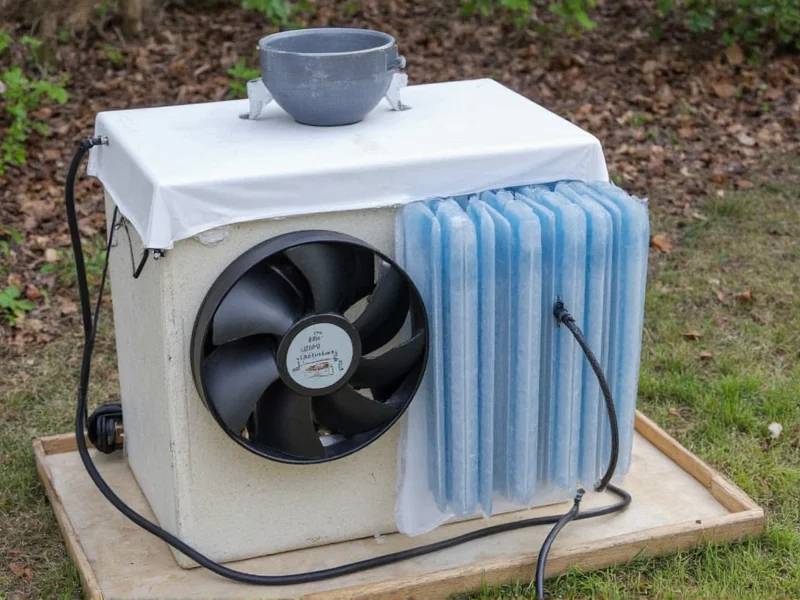 Completed DIY swamp cooler showing water reservoir, fan, and cooling pad assembly