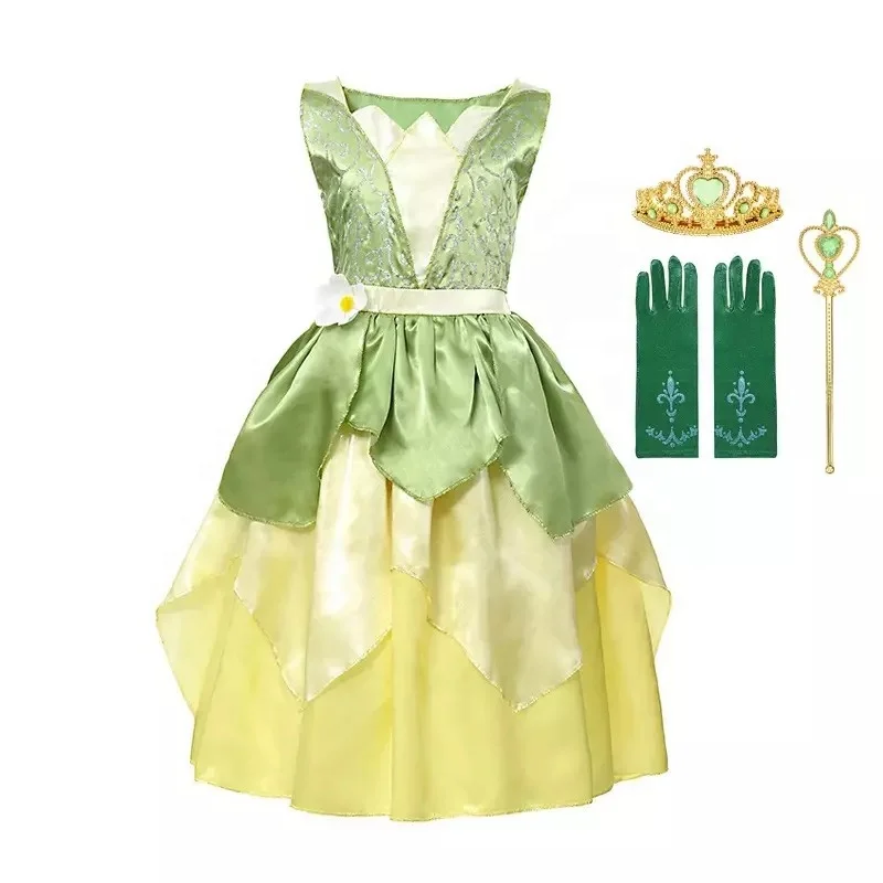 

Hot Princess Tiana Costume for Girls Birthday Party Dress Up Halloween Cosplay Kids The Princess and the Frog Role Play Dresses