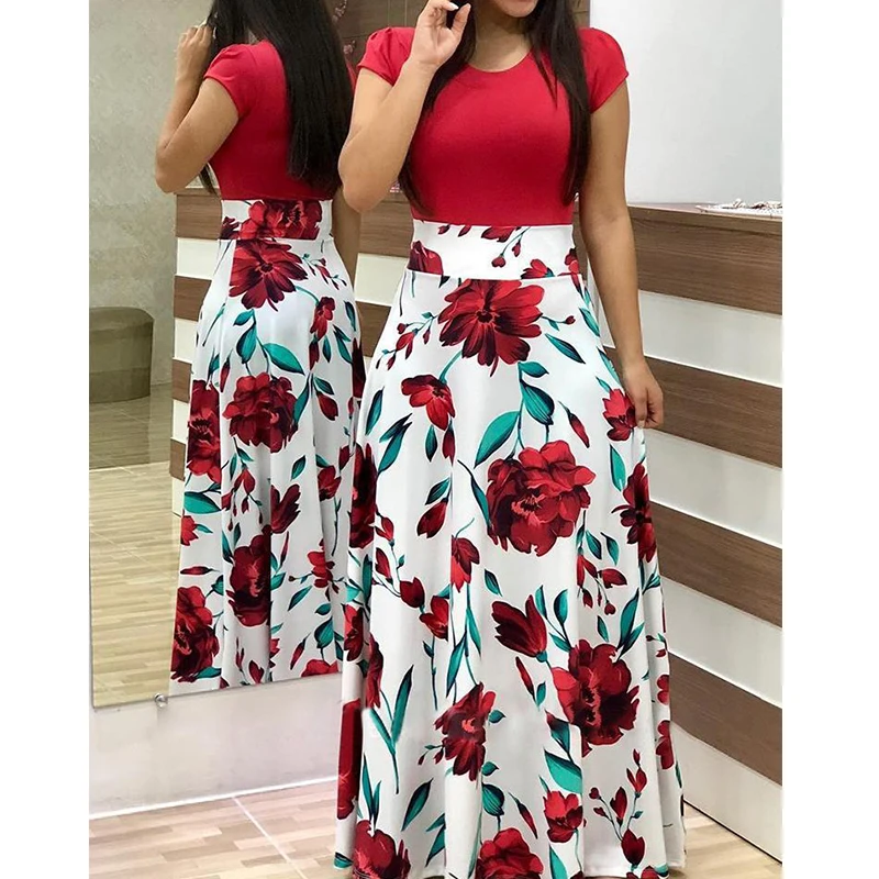 

Casual Dress Party Wear Wholesale Women Dress Long Evening Flower Printing Short Sleeve Ladies Dress For Lady Plus Size 5XL