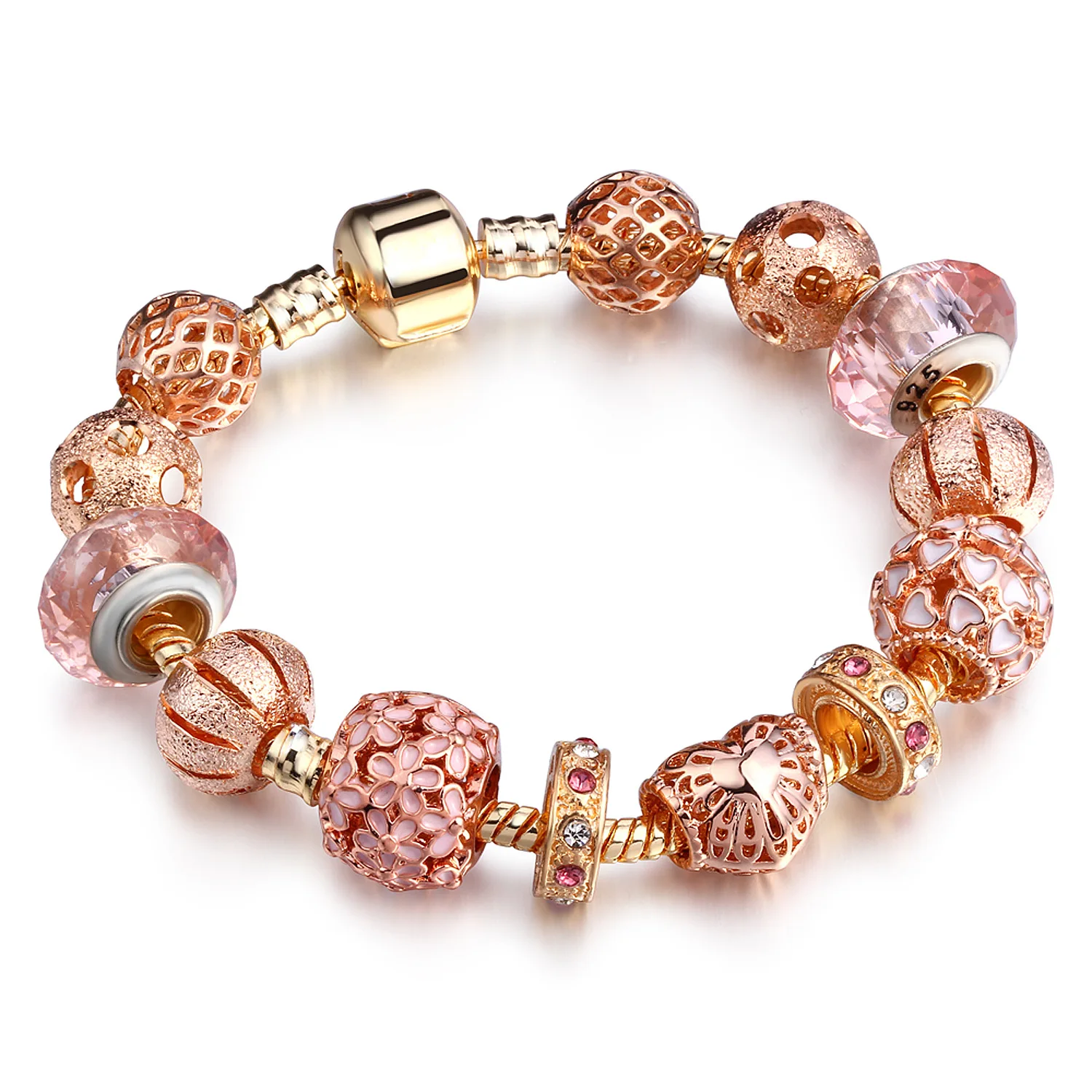 

18K Gold Chain Enamel Flower Heart Charm Bracelet Rose Gold DIY Pink Austrian Crystal Bead Fit Pan Charm Bracelet (KB8358), As picture