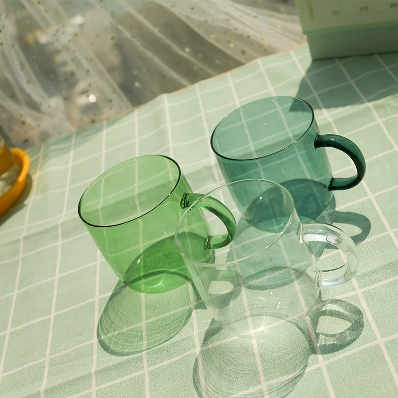 

Hot Sale dessert glass cup borosilicate glass square drinking glass coffee cup with handle, Pink,amber,jade green,mint green,ect.