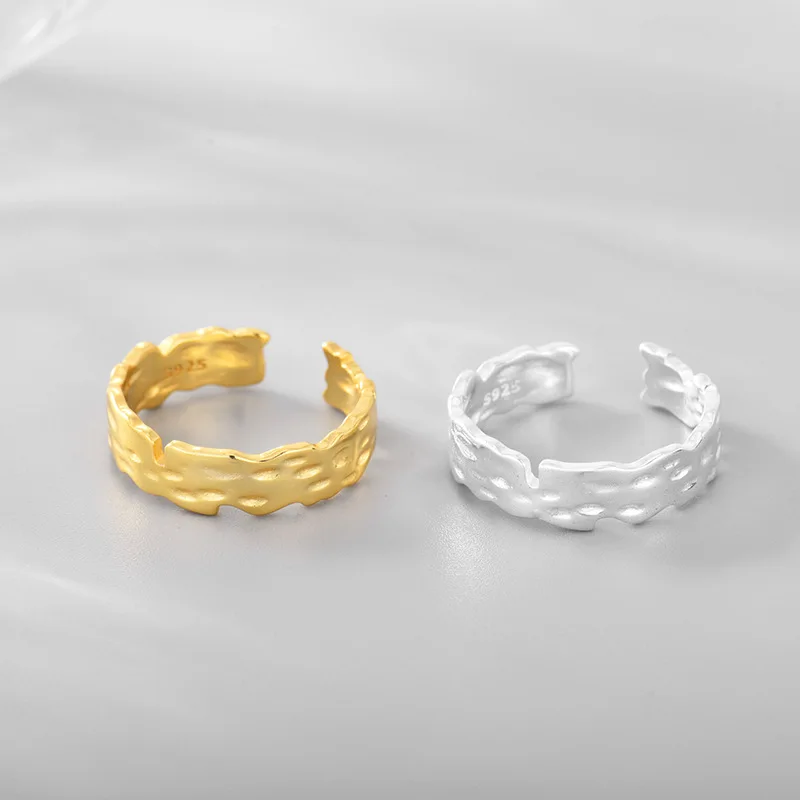 

Minimalist Design 18K Gold Plated Sterling Silver Wide Rings S925 Geometric Irregular Adjustable Rings For Girl Fashion Jewelry