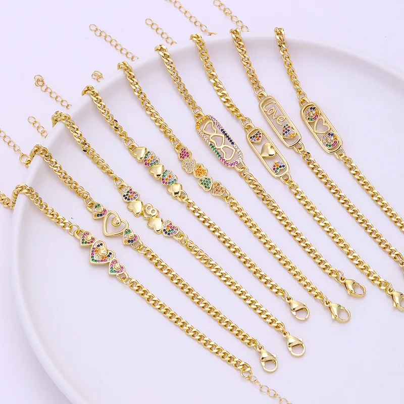 Free Samples Fashion Real 18K Gold Plated Copper Zircon Bracelet for Women Girls Couple Small Cute Heart Charm Bracelets Jewelry