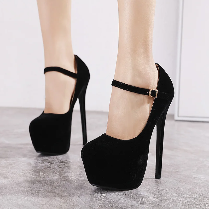 

Classic black faux suede spring summer fashion high heels women dressy shoes platform buckle strap pointed toe lady single pumps