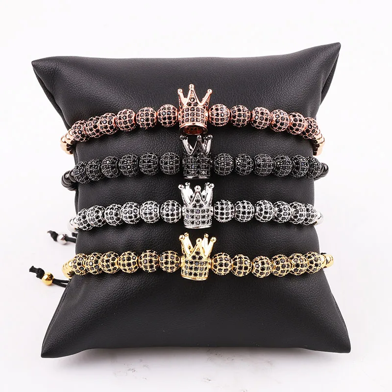 

Classic Style High Quality CZ Micro Pave Crown Charm Stainless Steel Beads Engrave Hip Hop Men Women Luxury Bracelet
