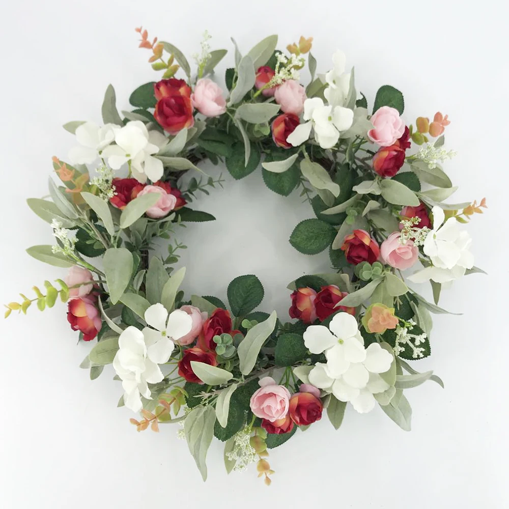 

spring season wedding backdrop for front door rose hydrangea flower with lamb ears artificial flower head wreaths decoration, Red