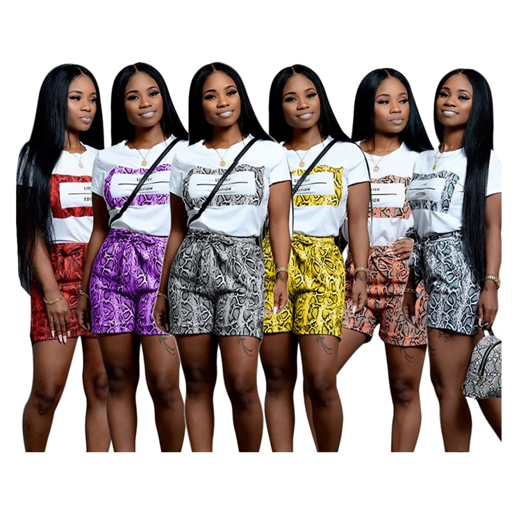 

Hot Sale Casual Mujer Tracksuit Short Sleeve Loose Breathable Snake Print Sport Wear Women Summer 2 Piece Set