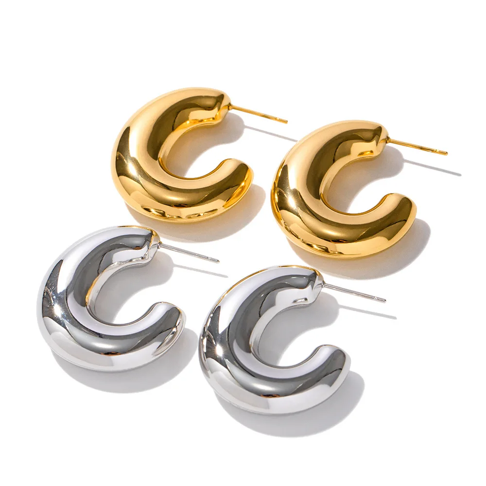 

Trendy Stainless steel earrings stud Glossy Chunky J Shape 18K Gold PVD statement earrings women fashion jewelry