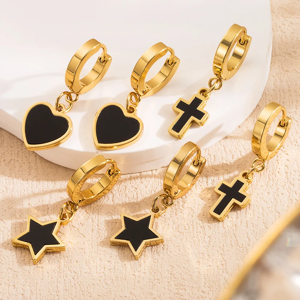 

Luxury Vintage Stainless Steel 18k Gold Plated Cross Heart Huggie Hoop Drop Earrings Women Shell Star Dangle Earrings Jewelry
