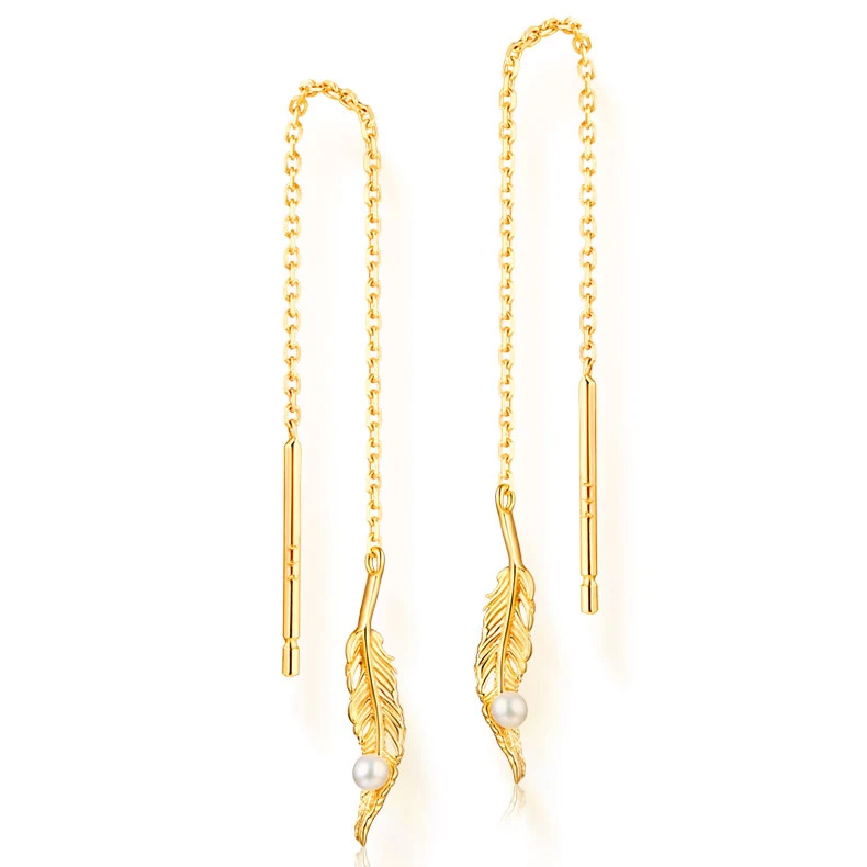 

Dainty gold feather earrings with pearl, dangle silver long drop threader earrings