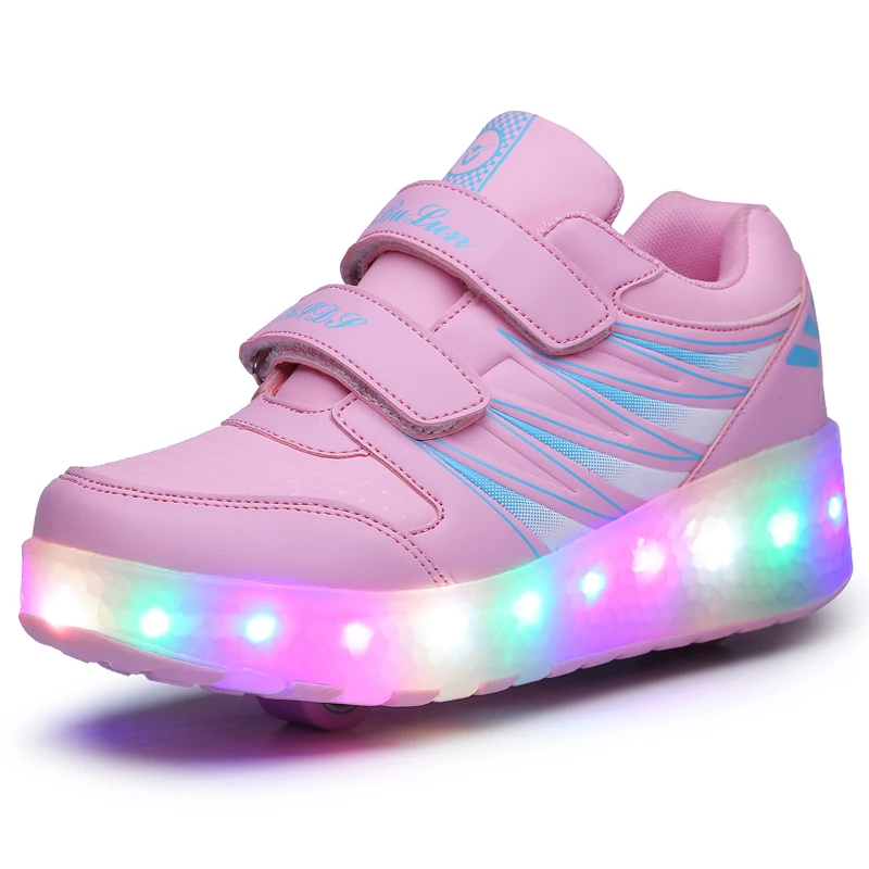 

Wholesale Kids top quality unsex Flashing Led shoes with 2 Wheels Skate Roller Shoes, Black pink