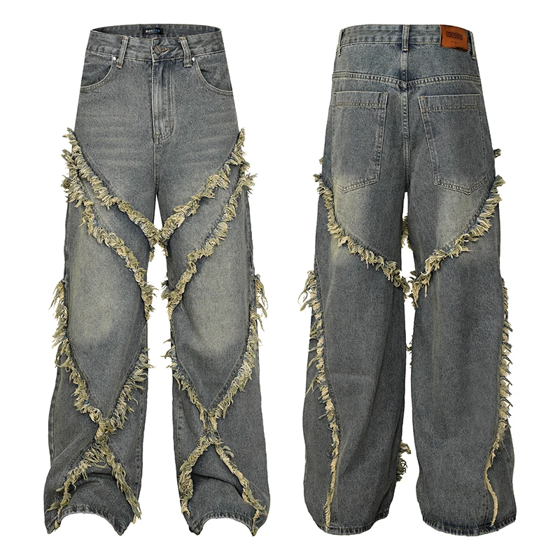 Stretchy Jeans for Women American Retro High Street Trend Flash Segmentation Loose and Wide Legs Washed Denim Jeans