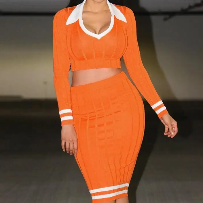 90332 New fashion Autumn two-piece dress one-shoulder sexy single-breasted high-waist POLO collar dresses women ladies