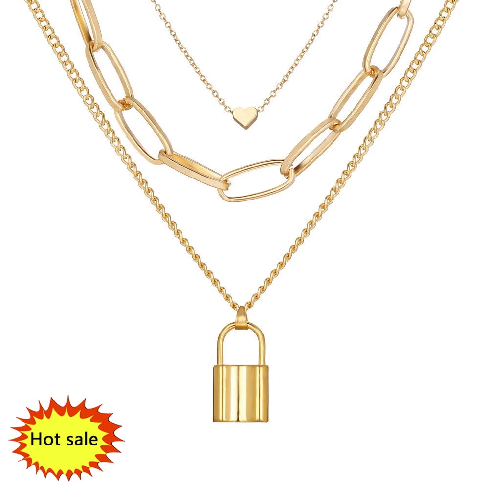 

18k Gold Plated Multi Layer Lock Chunky Chain Star Heart Necklace Triple Layer Lover Lock Pendant Necklace statement jewelry