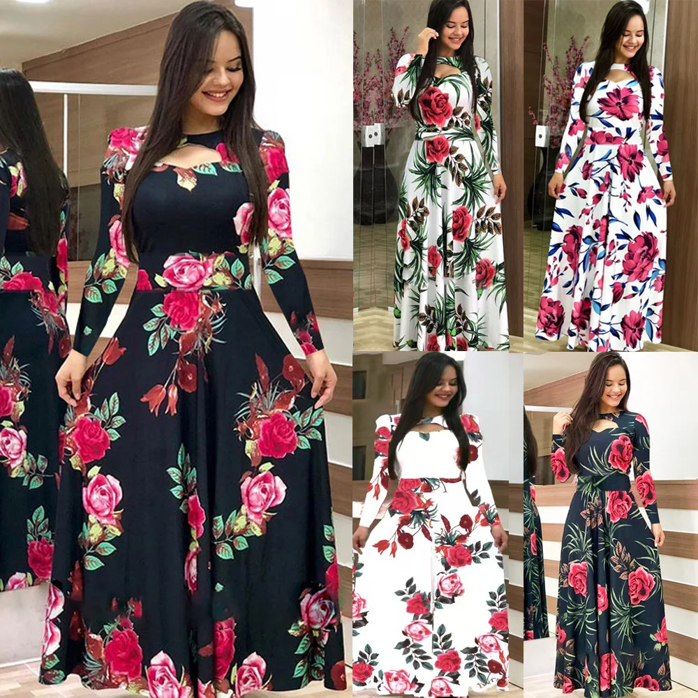 

Oversize Casual Women Summer Dress Print Robe Plus Size Streetwear Long Sleeve Long Maxi Dress 2021