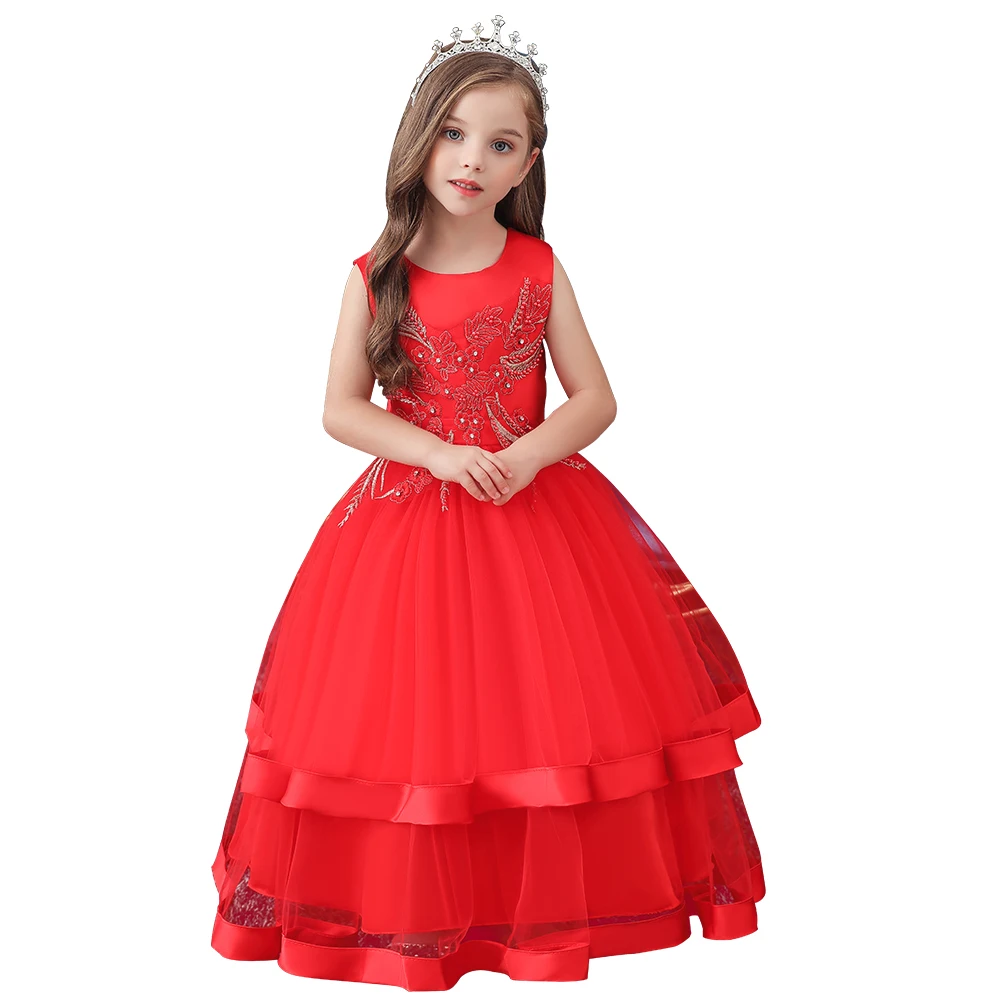 

Noble child breathable party dress for girl red Christmas evening dresses 12 years old flower wedding gown for girls