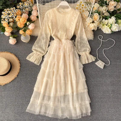 

Fashion Long Lace Pleated Gauze Layered Maxi Dress For Women