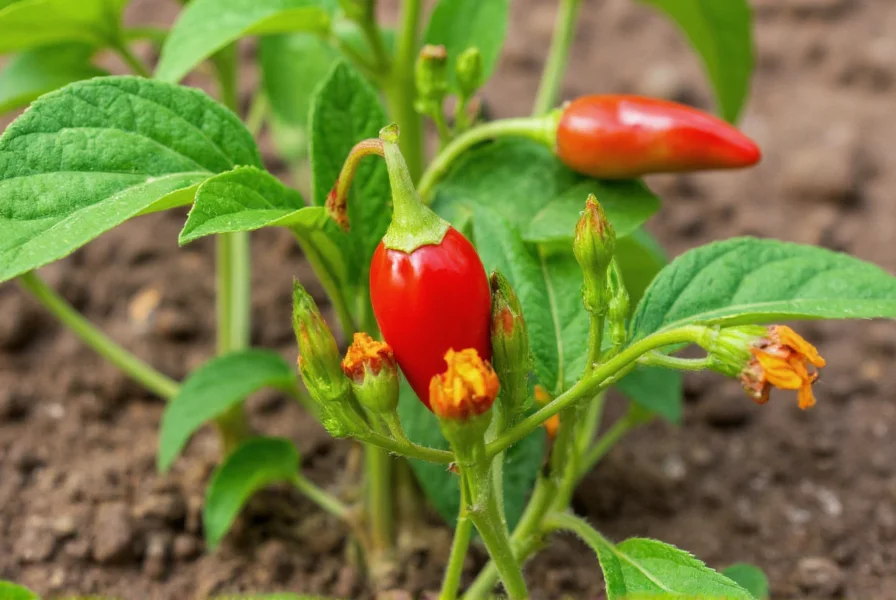 Chile de arbol pepper plant growing in garden soil with close-up of flowers and developing peppers