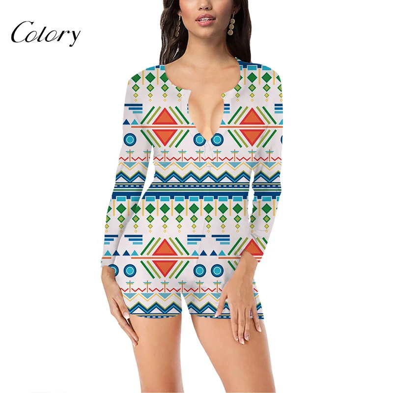 

Colory Women Onesie Designer Long Sleeve Shape Pattern Print, Picture shows