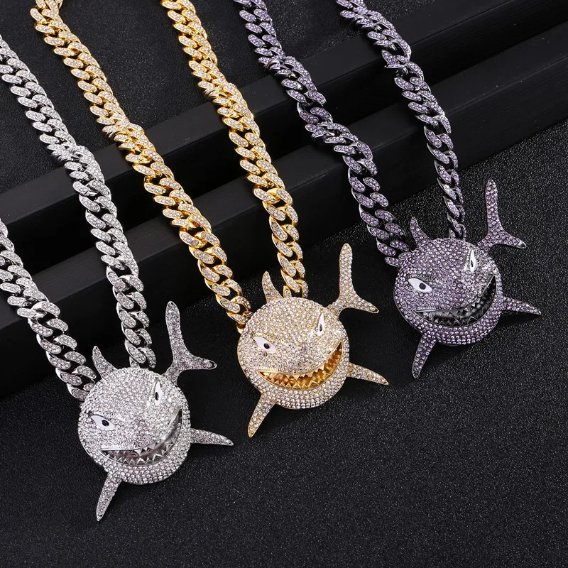 

Hot Selling Party Gift Jewelry Rock Rap Iced Out Curb Cuban Link Chain Diamond Shark Pendant Necklace For Men