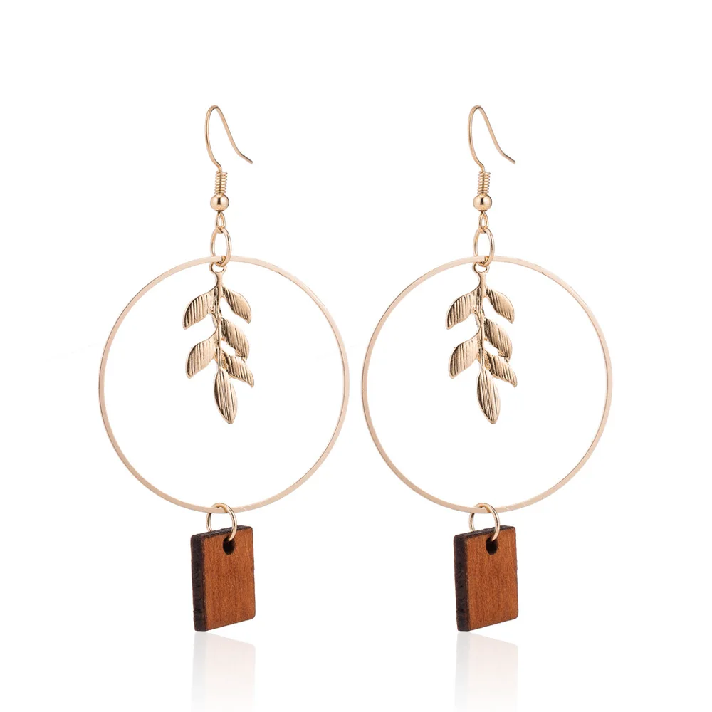 

JUHU New personality fashion creative geometric circular round earring retro grain wood earrings ladies jewelry wholesale, Colorful
