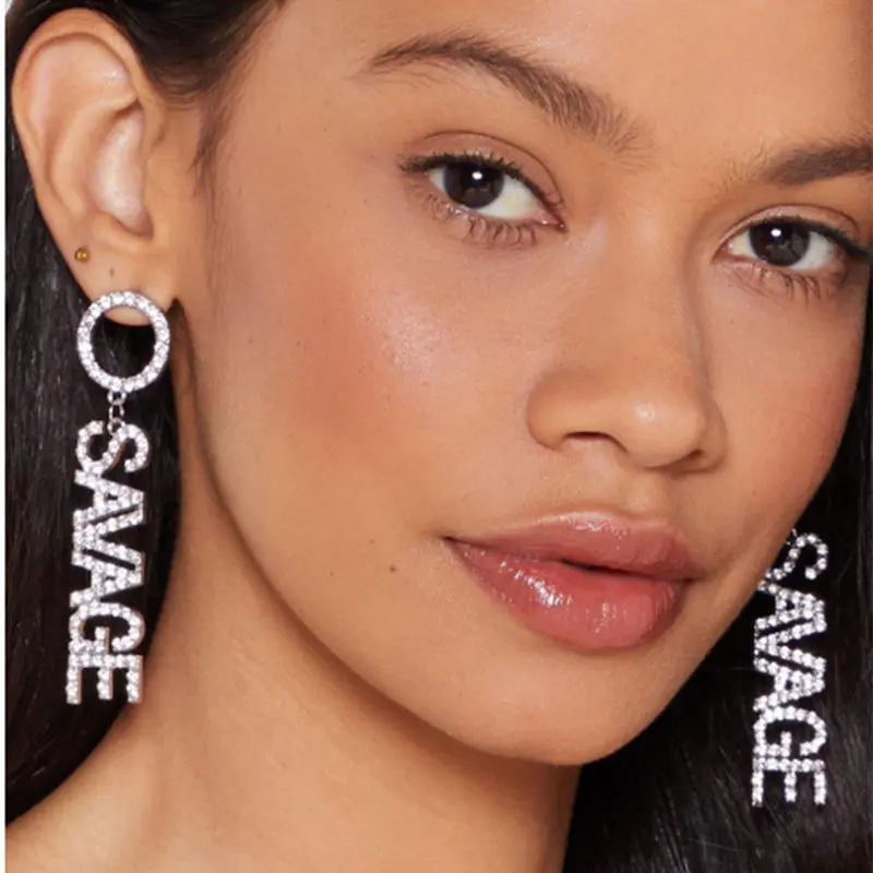 

Fashion Full Crystal Savage Letters Long Drop Earrings Bling Rhinestone SAVAGE BOSS Letter Dangle Earrings