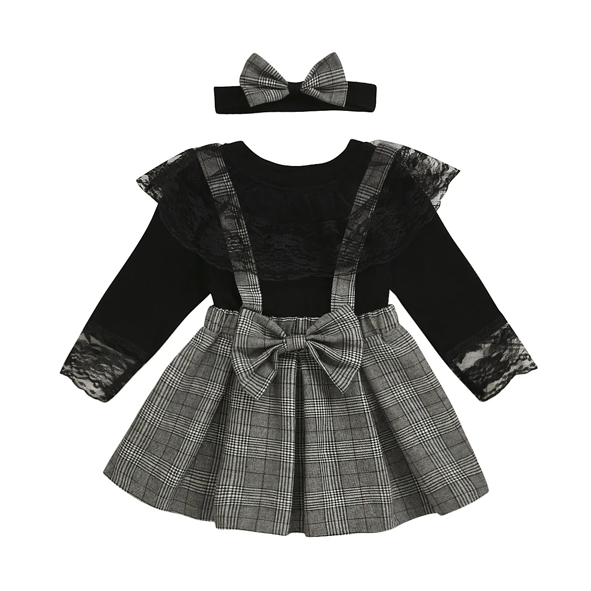 

girls black long sleeve blouse grid with lace skirt