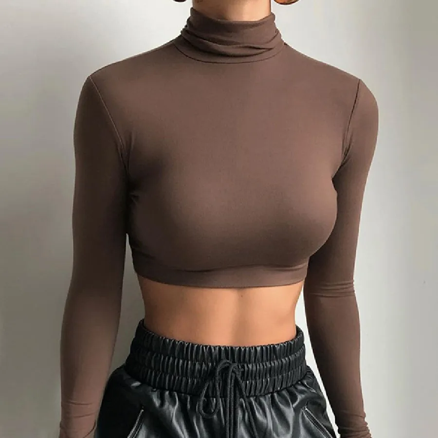 

Nibber K20L10156 Spring Sheath Solid Turtleneck Stretch Casual Street Activity All-match Female Undershirt Women Tshirt Crop Top