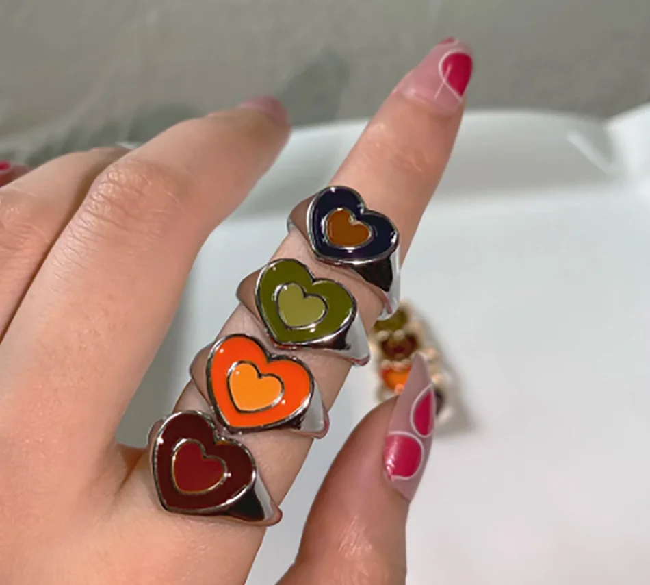 

Fashion Stainless Steel Double Heart Enamel Rings 18K Gold Plated Love Colorful Double Color Rings for Women Christmas Jewelry, Silver, gold, rose gold, black etc.