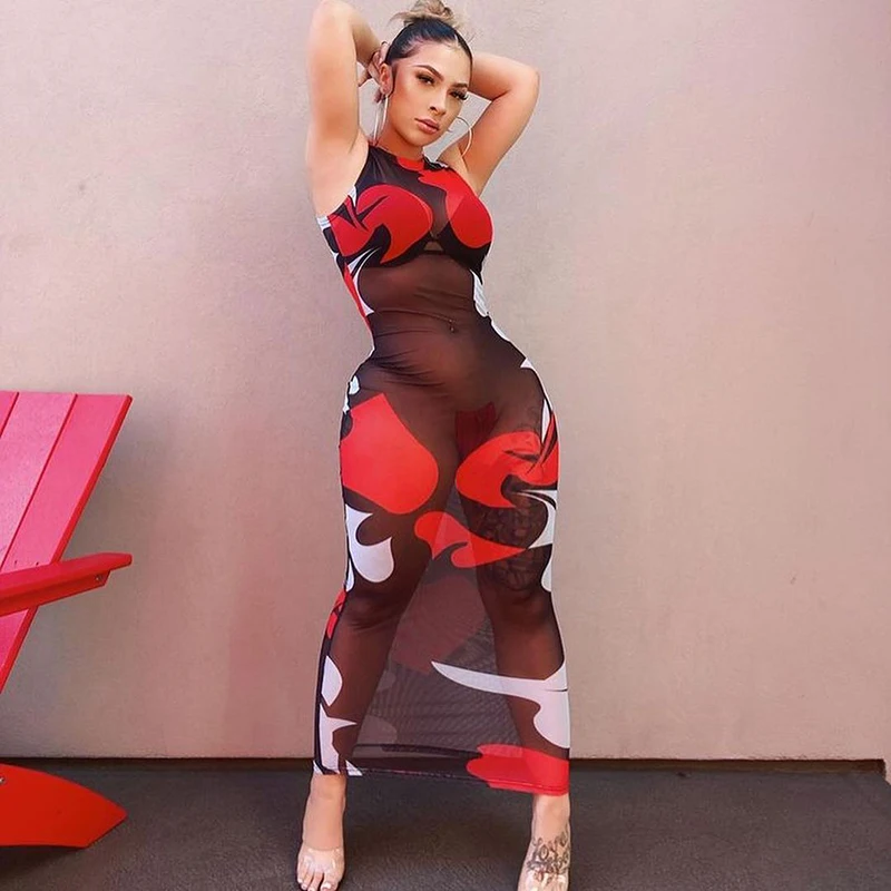 

Color Block Transparent Dresses Sexy Long Bodycon Maxi Dress, Picture color